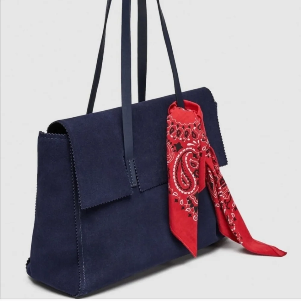 Zara Navy Blue Satchel with Red Scarf Accent does not have the red cloth - Picture 1 of 12